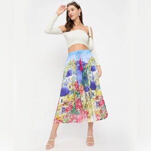 Vibrant Multicolor Tropical Coastal Skirt Tassel Tie Elastic Waist Sz L